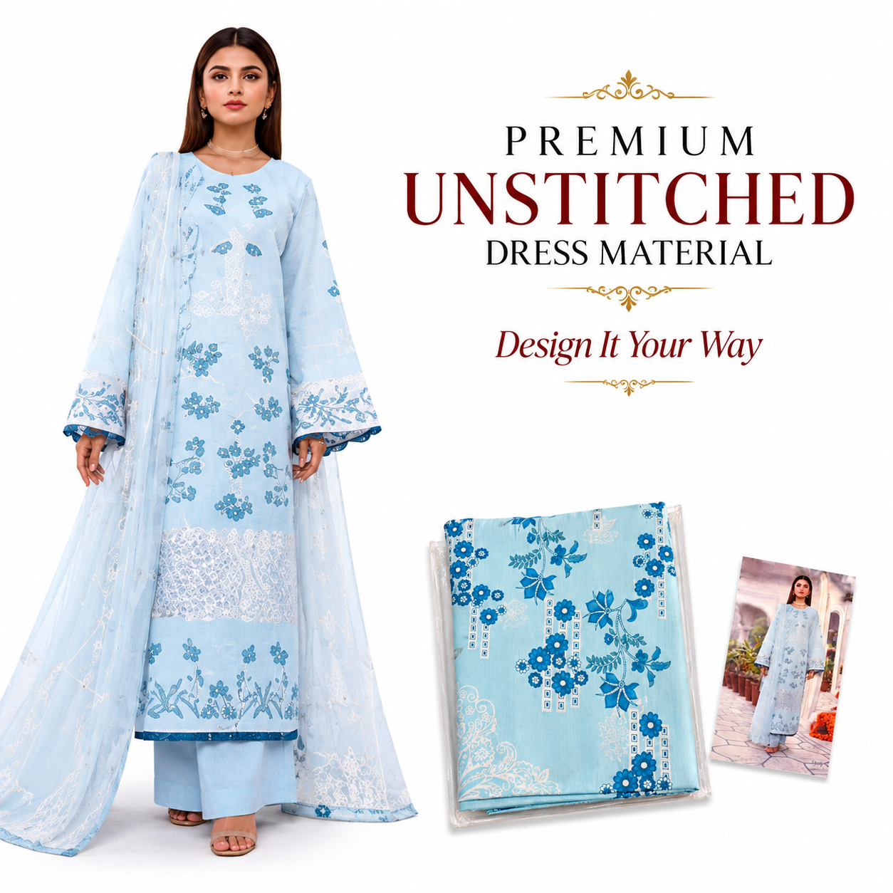 Premium Unstitched Dress Material – Sky Blue Floral Print