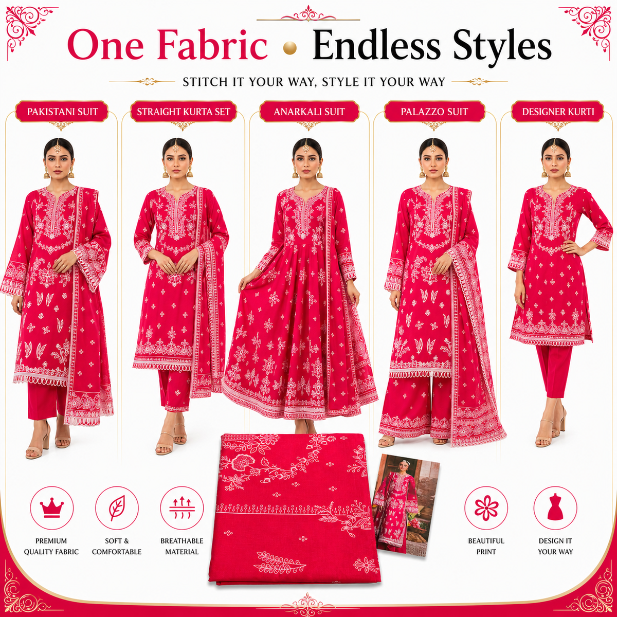 Premium Unstitched Dress Material – Red Chikankari Floral Print