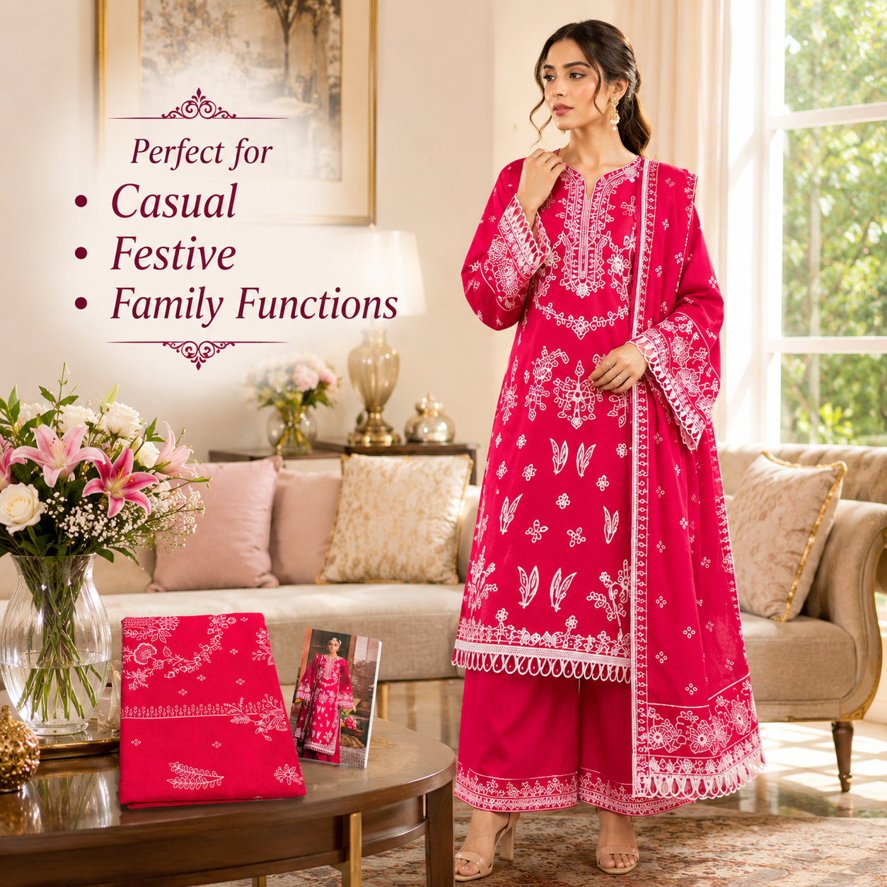 Premium Unstitched Dress Material – Red Chikankari Floral Print