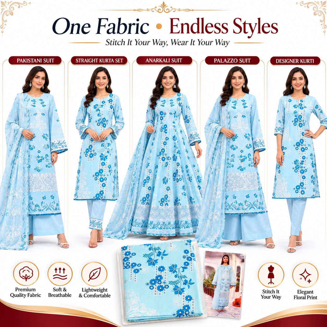 Premium Unstitched Dress Material – Sky Blue Floral Print