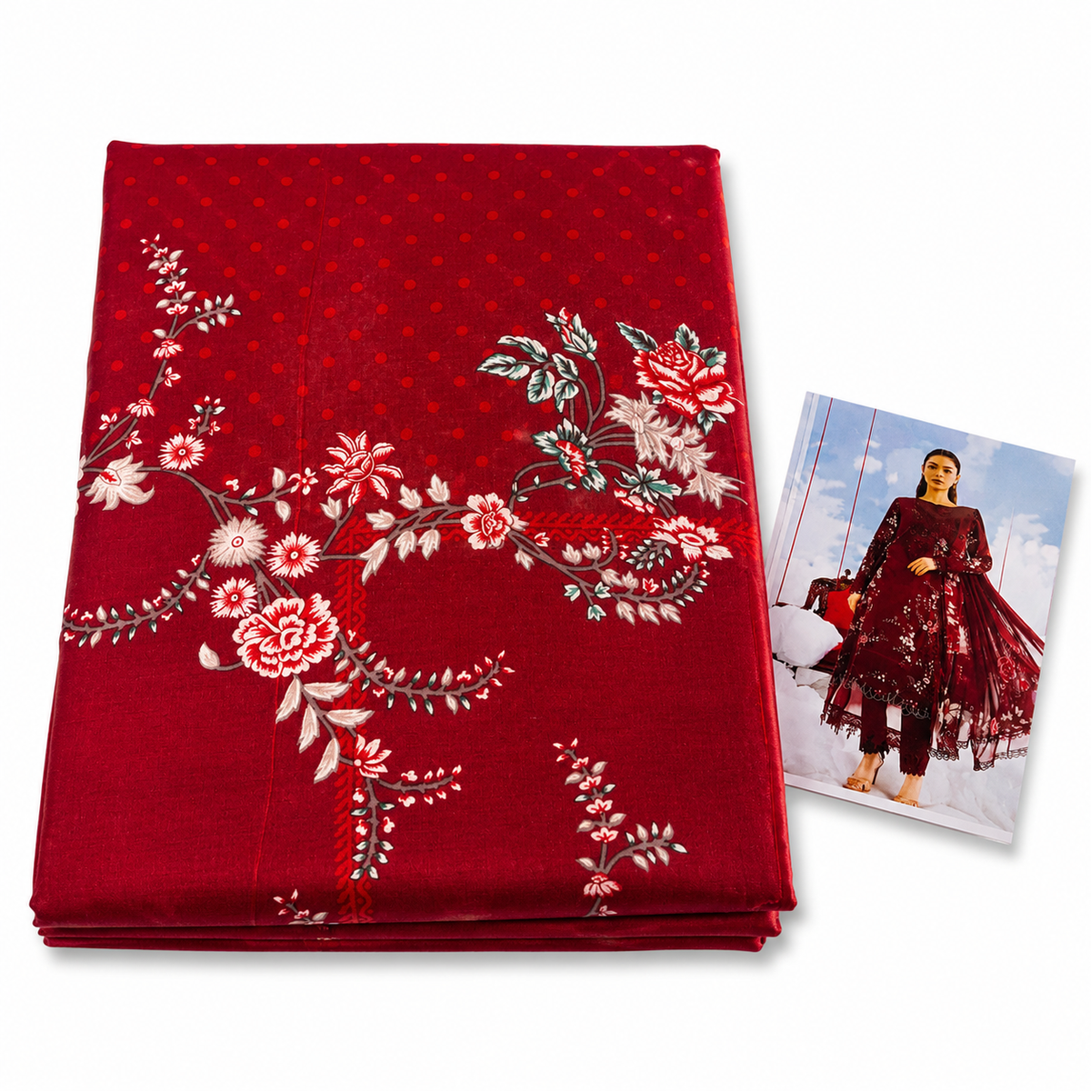 Premium Unstitched Dress Material – Deep Red Polka Floral Print