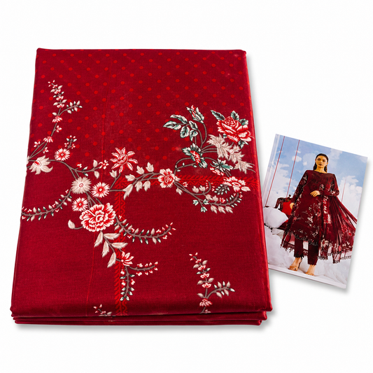 Premium Unstitched Dress Material – Deep Red Polka Floral Print
