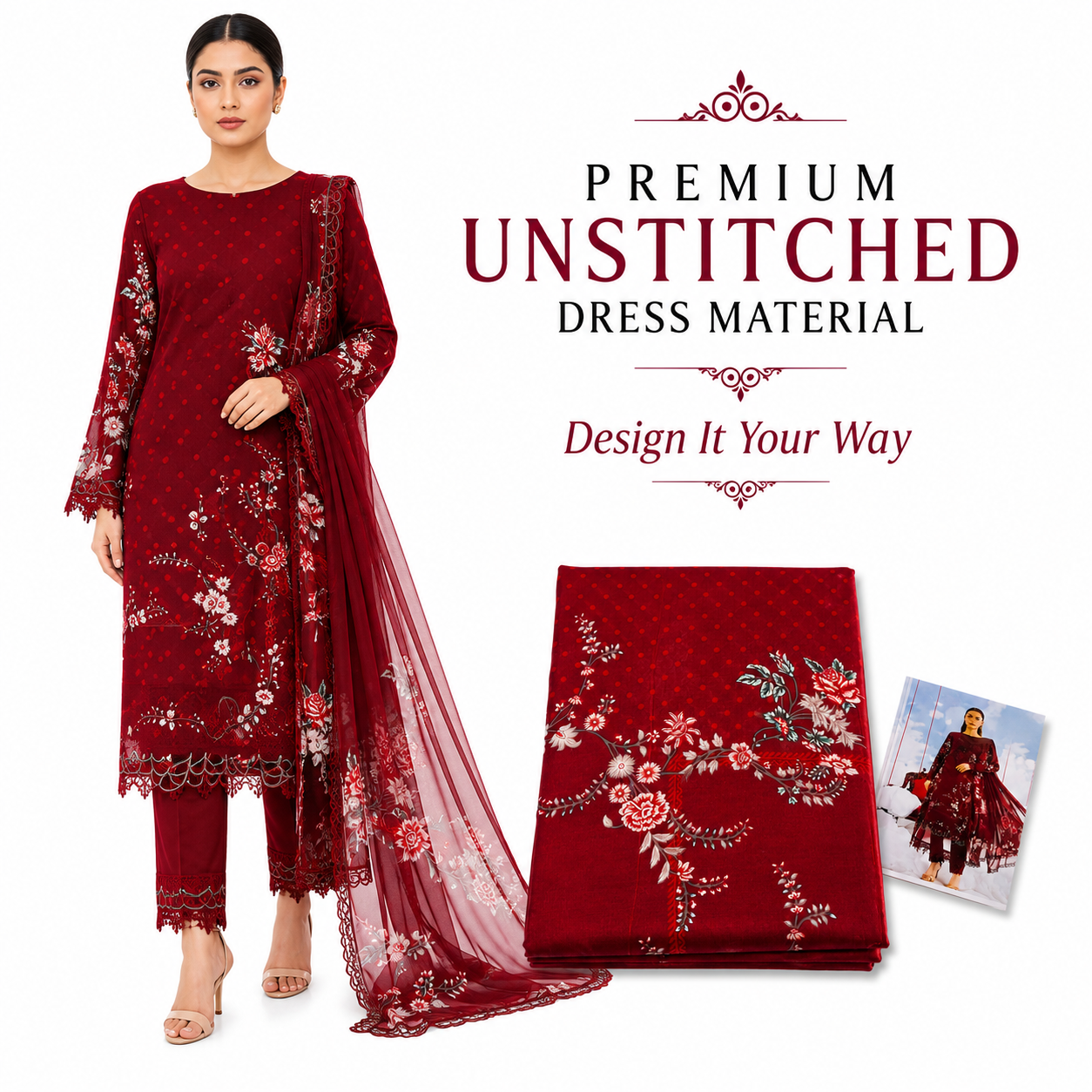 Premium Unstitched Dress Material – Deep Red Polka Floral Print