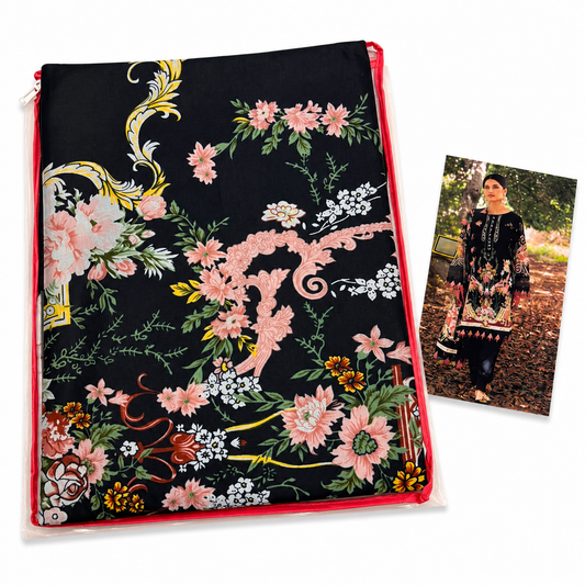 Premium Unstitched Dress Material – Black Pink Floral Print