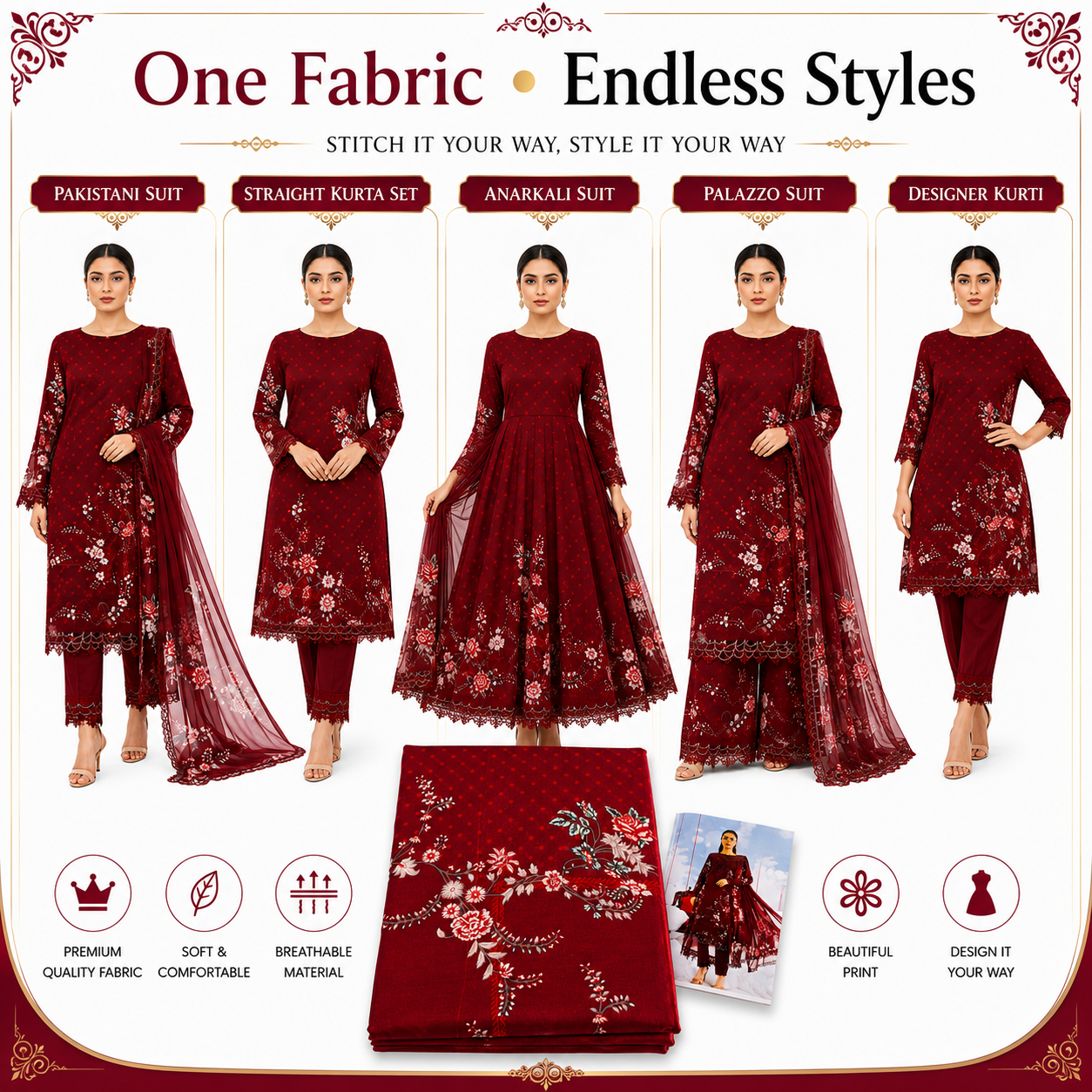 Premium Unstitched Dress Material – Deep Red Polka Floral Print