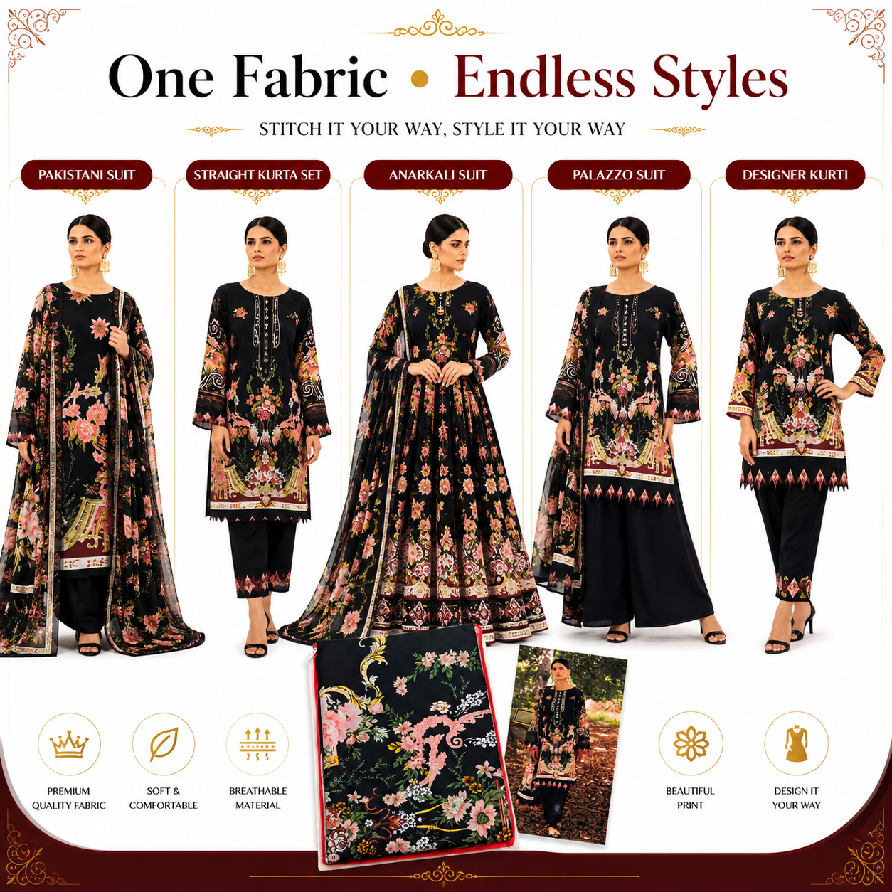 Premium Unstitched Dress Material – Black Pink Floral Print