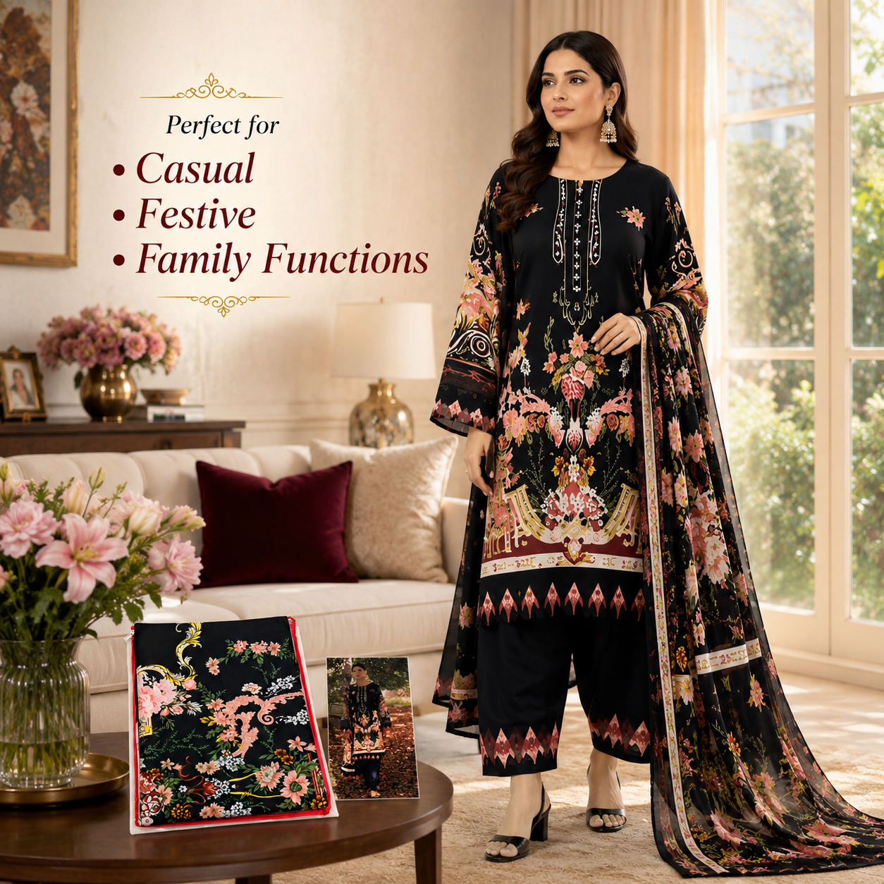 Premium Unstitched Dress Material – Black Pink Floral Print