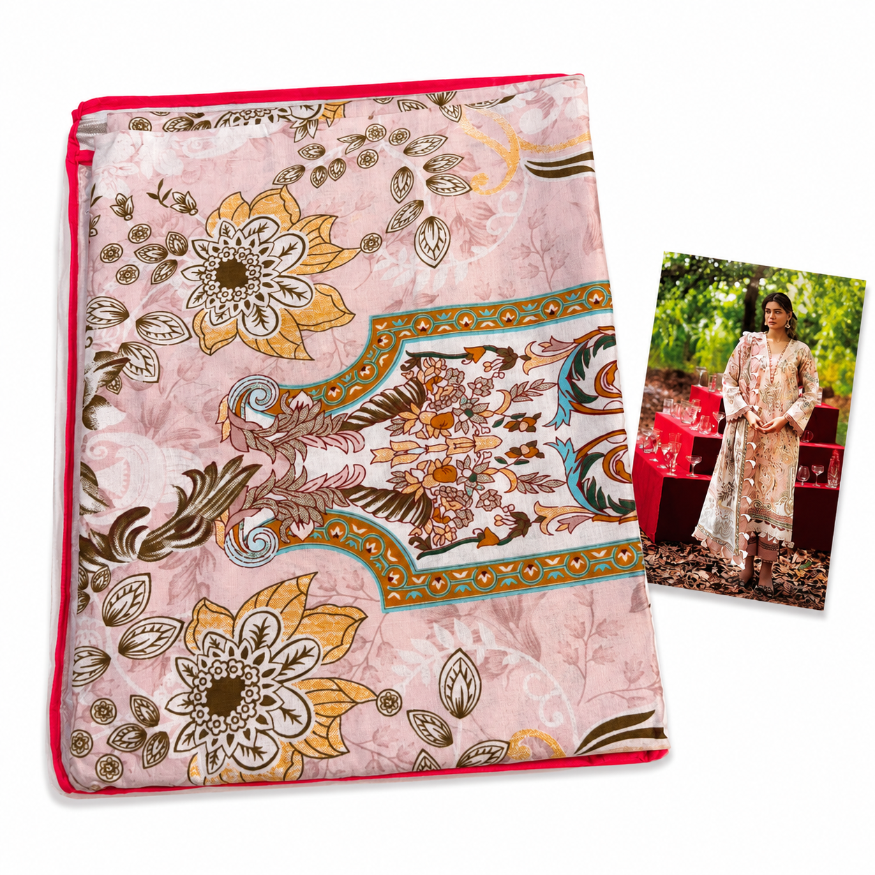 Premium Unstitched Dress Material – Peach Baroque Floral Print