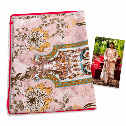 Premium Unstitched Dress Material – Peach Baroque Floral Print