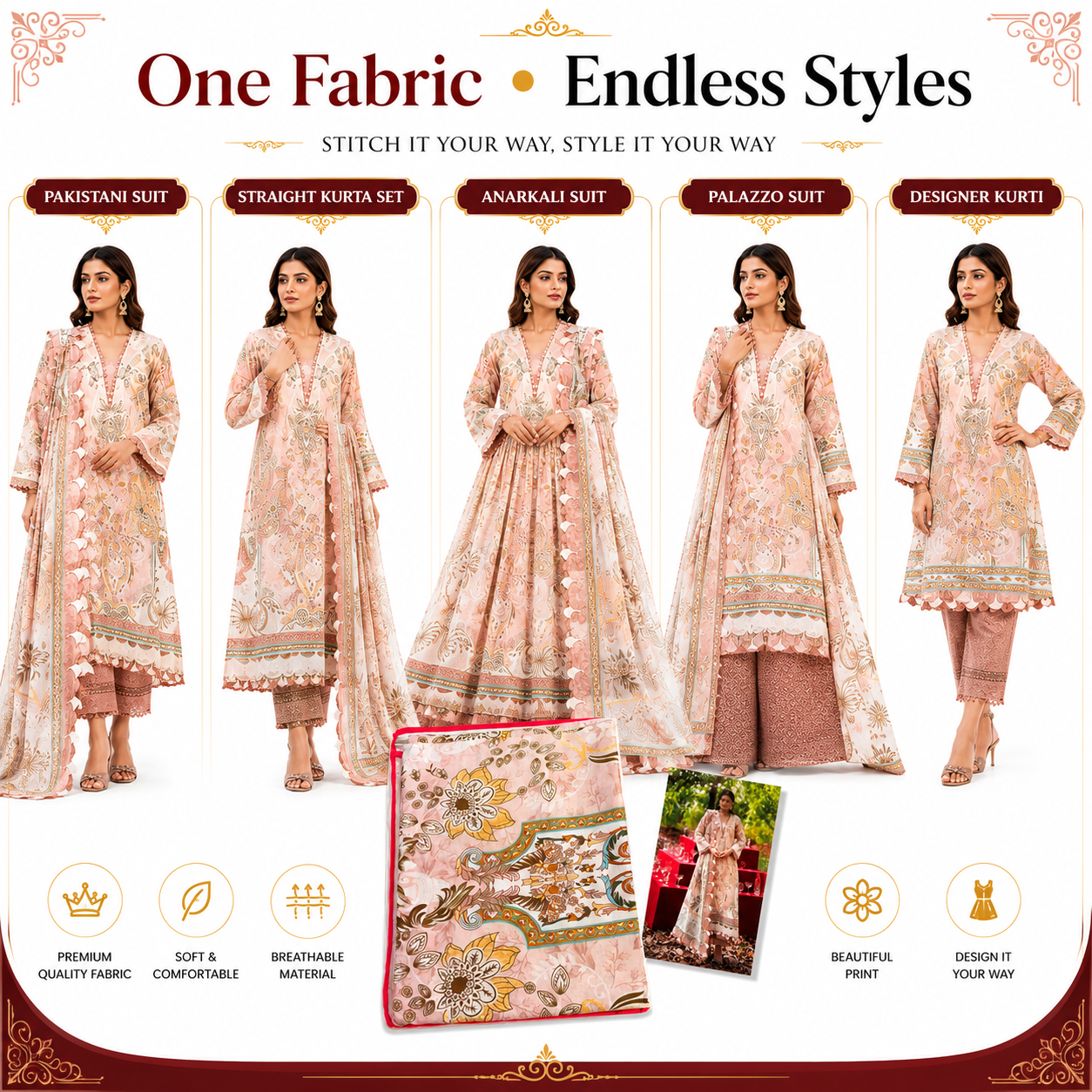 Premium Unstitched Dress Material – Peach Baroque Floral Print