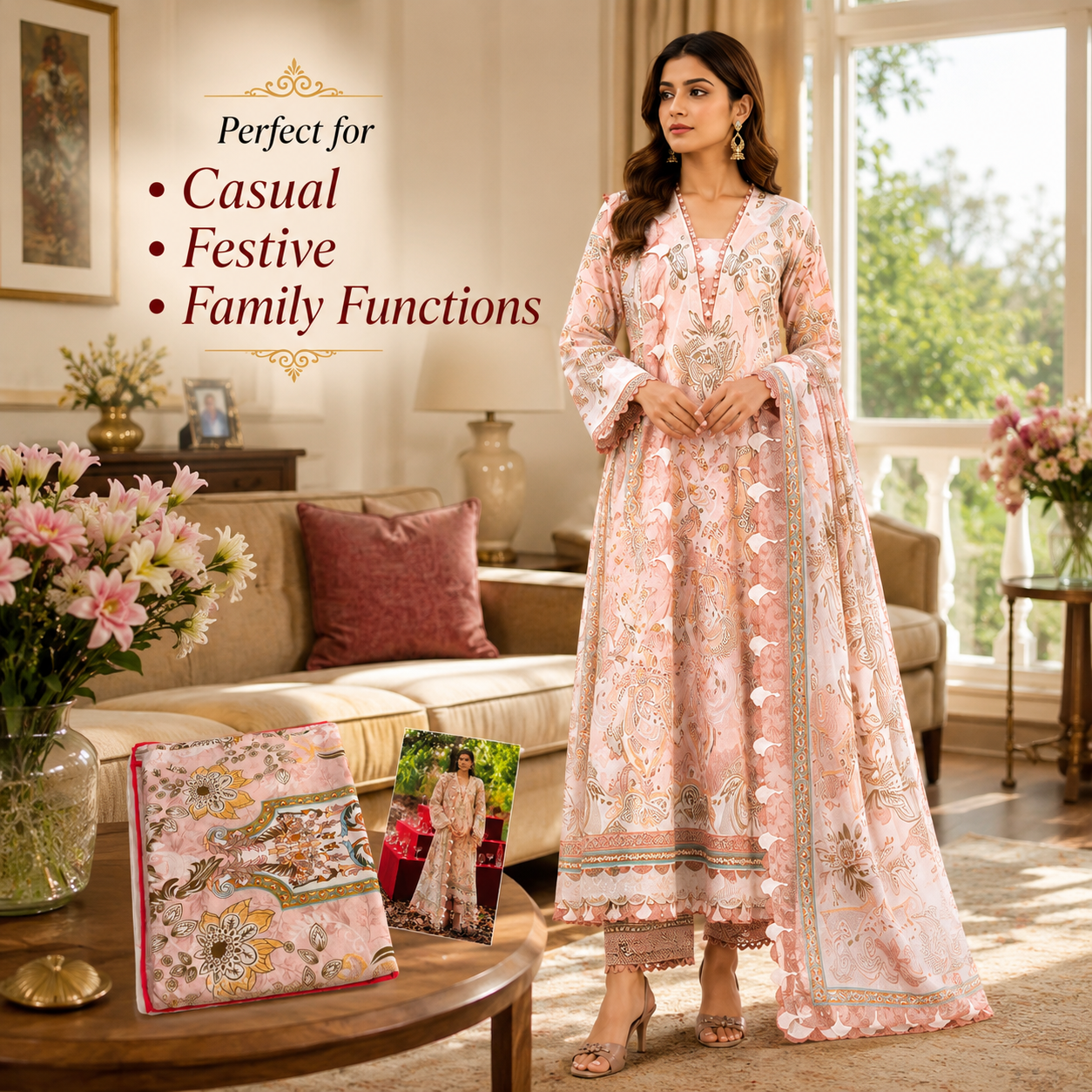 Premium Unstitched Dress Material – Peach Baroque Floral Print