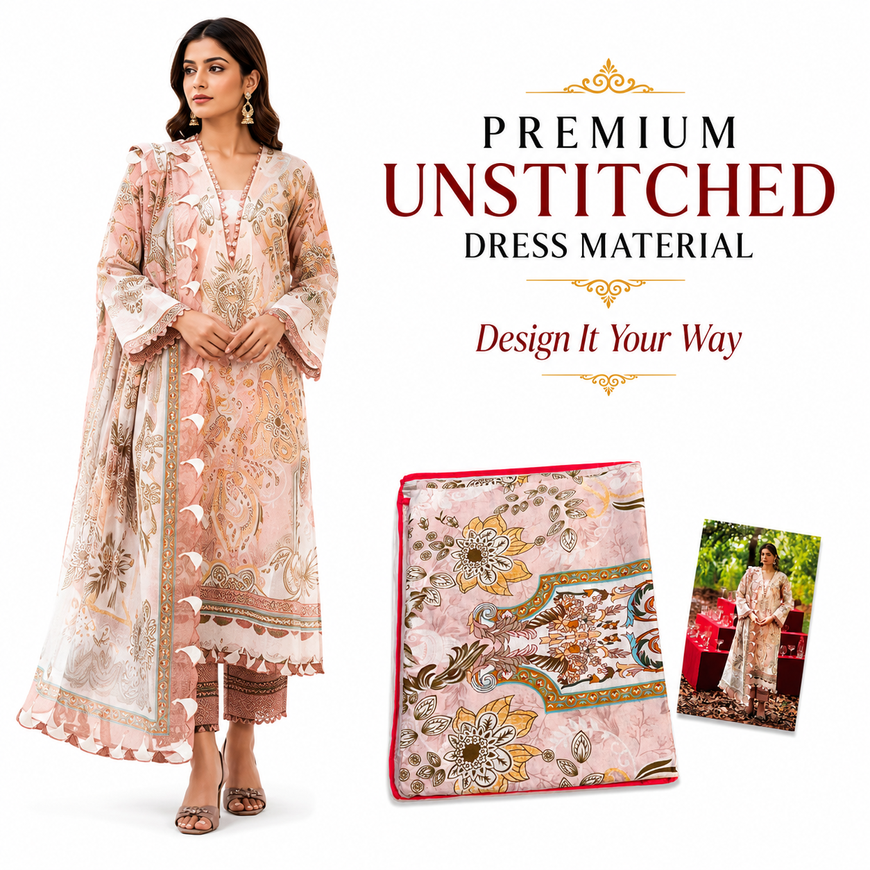 Premium Unstitched Dress Material – Peach Baroque Floral Print