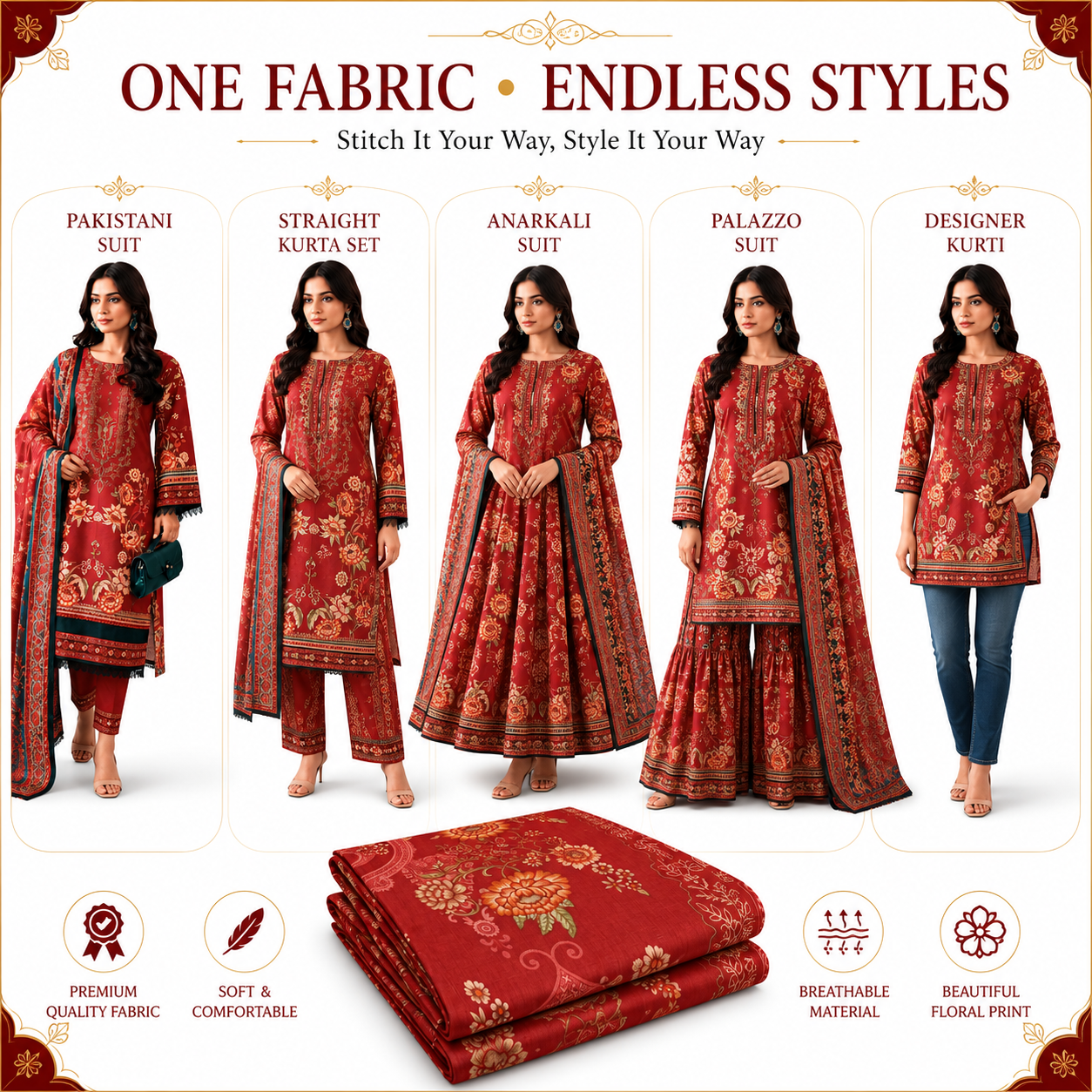 Premium Unstitched Dress Material | Red Floral Print | Non-Stretch Fabric