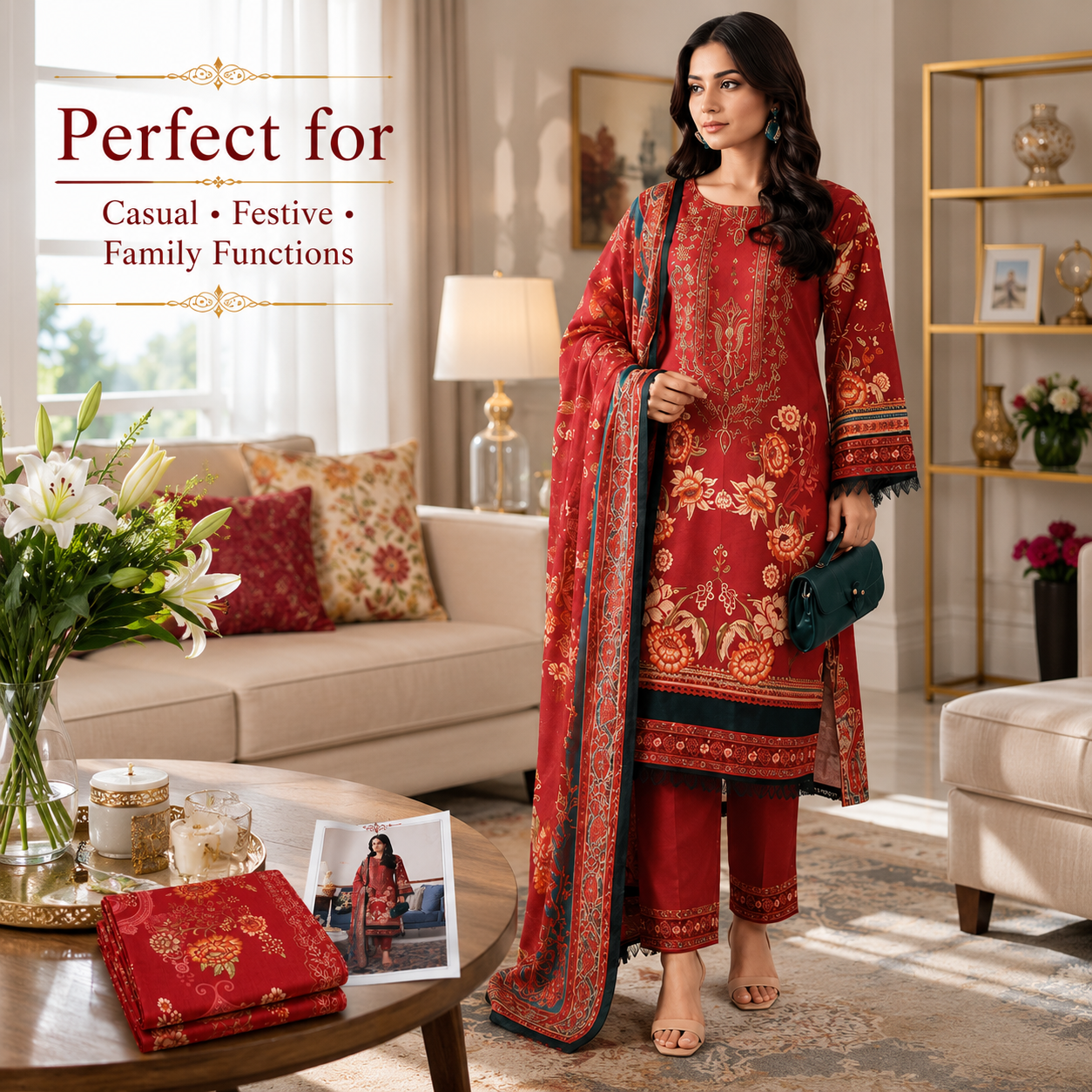 Premium Unstitched Dress Material | Red Floral Print | Non-Stretch Fabric