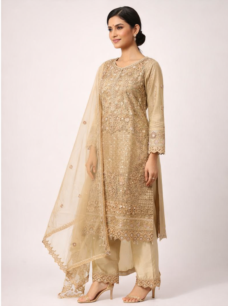 Husnara Cutwork Heavy Suit with Organza Dupatta