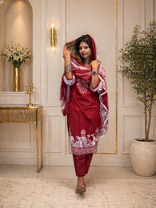 Pakistani Lawn Suit with Chiffon Dupatta & Embroidery