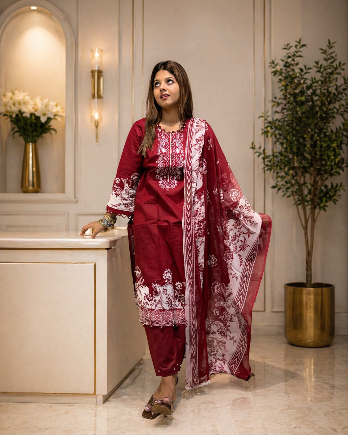 Pakistani Lawn Suit with Chiffon Dupatta & Embroidery