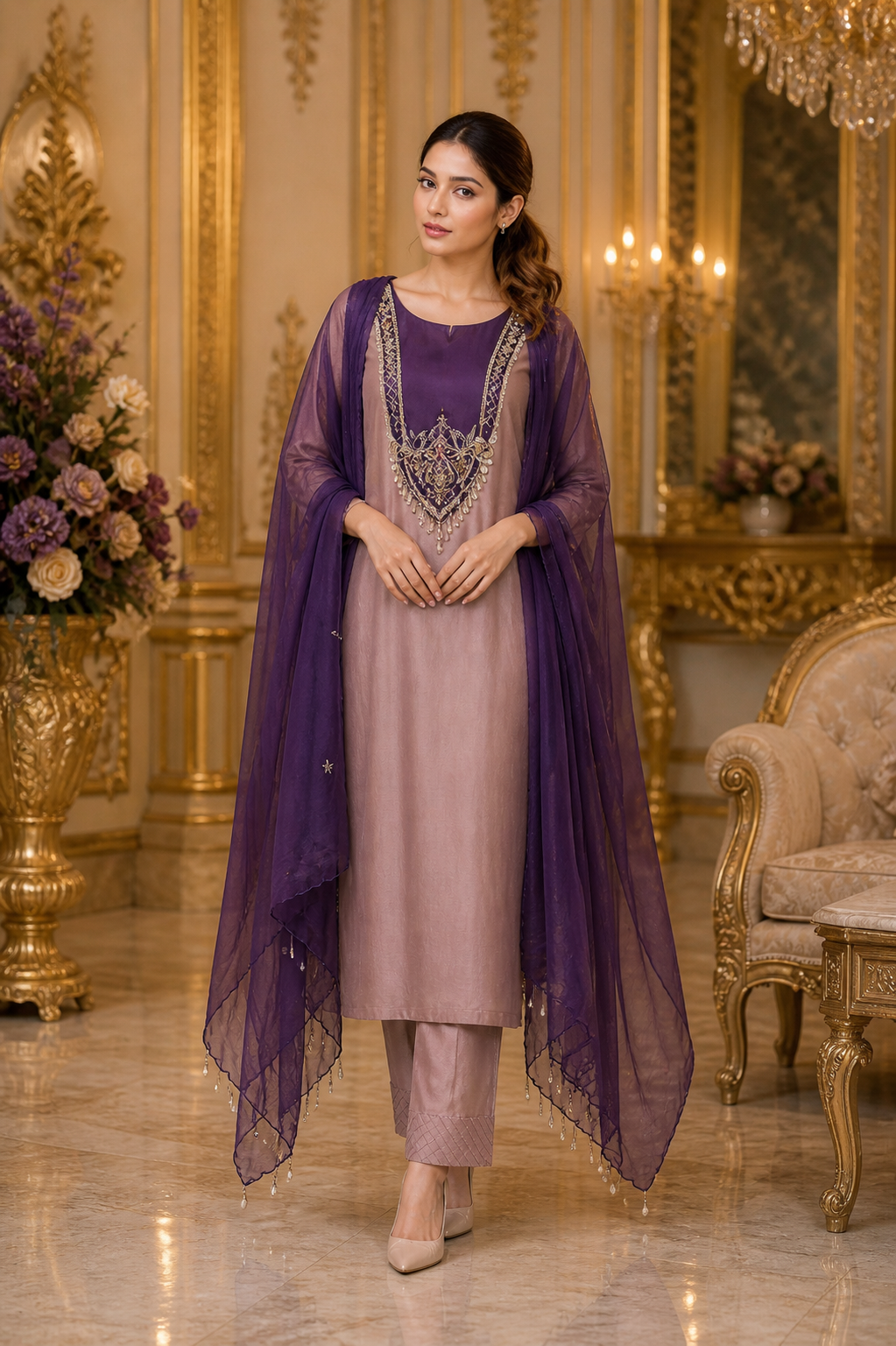 Elegant Mauve Suit with Purple Organza Dupatta – Embroidered Party Wear for Women