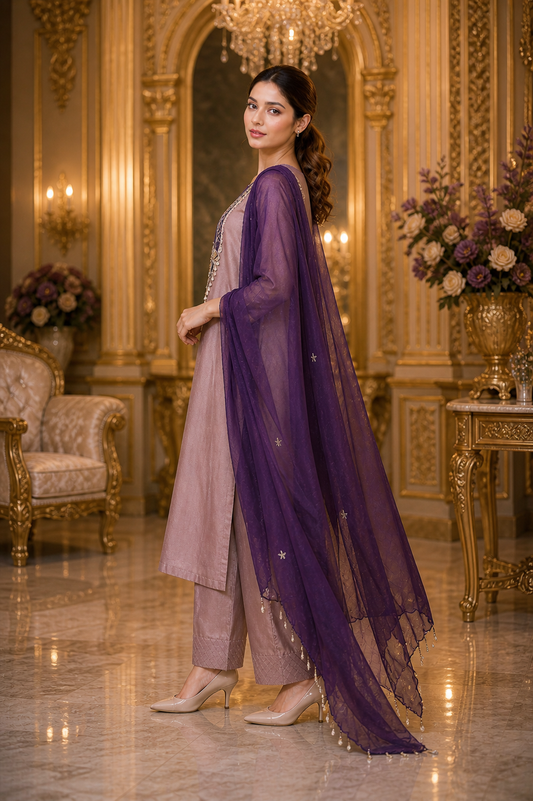 Elegant Mauve Suit with Purple Organza Dupatta – Embroidered Party Wear for Women