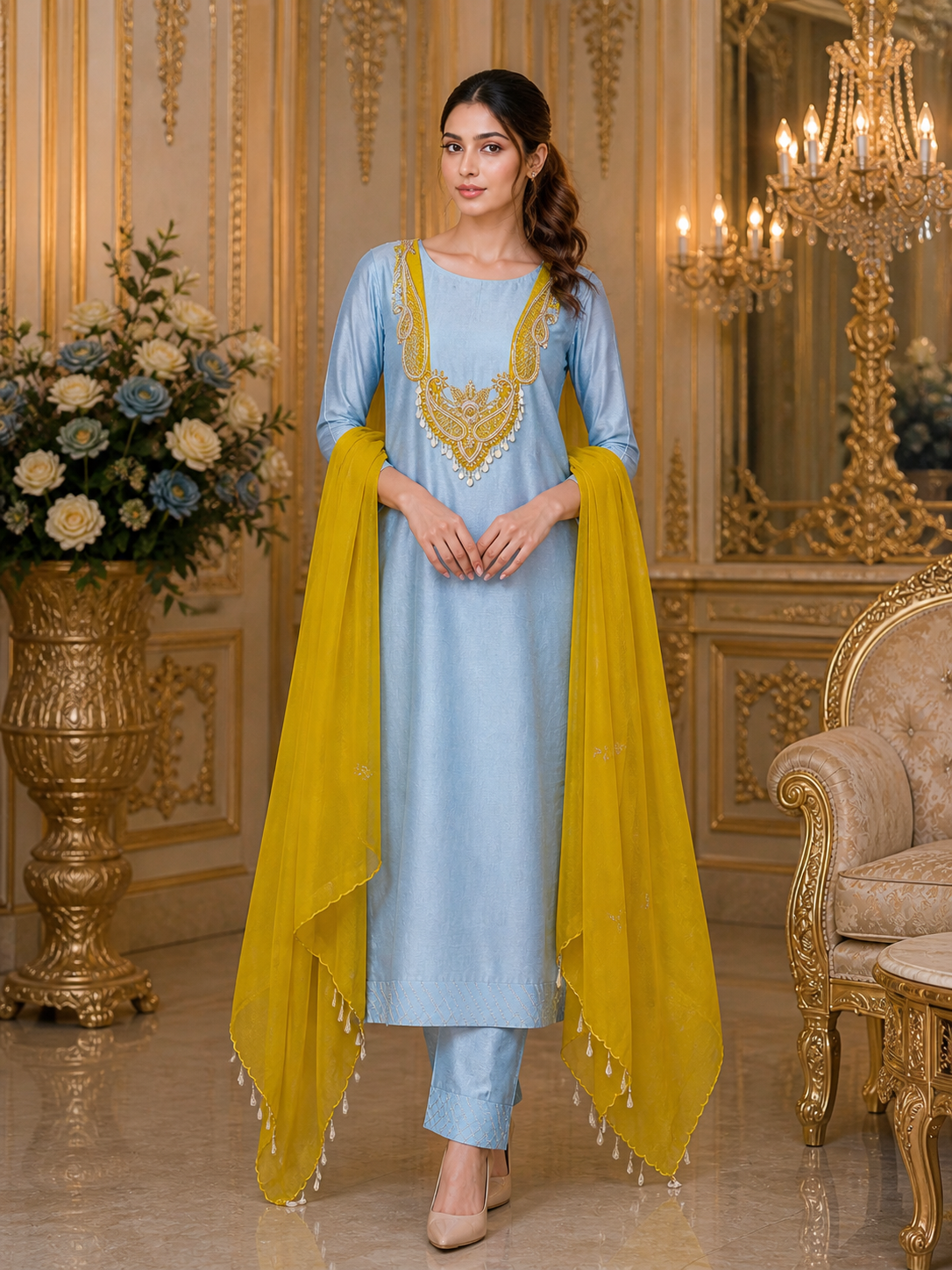Elegant Sky Blue Suit with Mustard Dupatta – Embroidered Festive Wear for Women
