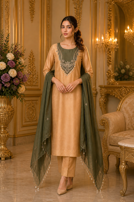 Elegant Beige & Olive Embroidered Suit – Festive & Party Wear