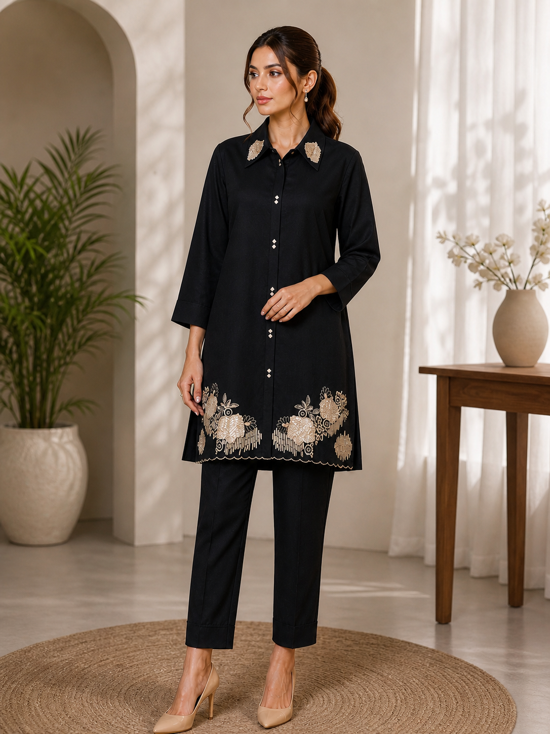 Elegant Black Royal Co-Ord Set with Beautiful 3-Color Neck Work – Stylish Ethnic Wear for Women