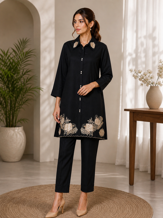 Elegant Black Royal Co-Ord Set with Beautiful 3-Color Neck Work – Stylish Ethnic Wear for Women