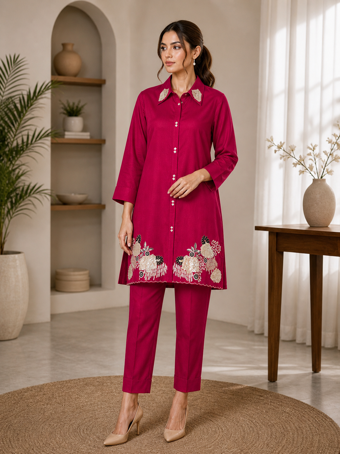 Elegant Magenta Royal Co-Ord Set with Floral Embroidery – Premium Ethnic Wear for Women