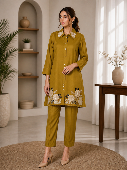 Elegant Mustard Royal Co-Ord Set with Floral Embroidery – Stylish Ethnic Wear for Women