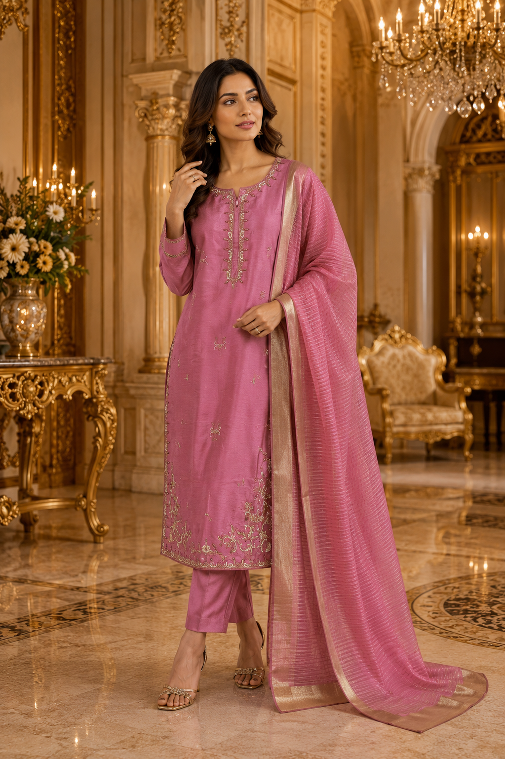 Elegant Pink Long Suit with Neck Work Design & Palazzo Pants – Festive Ethnic Wear for Women