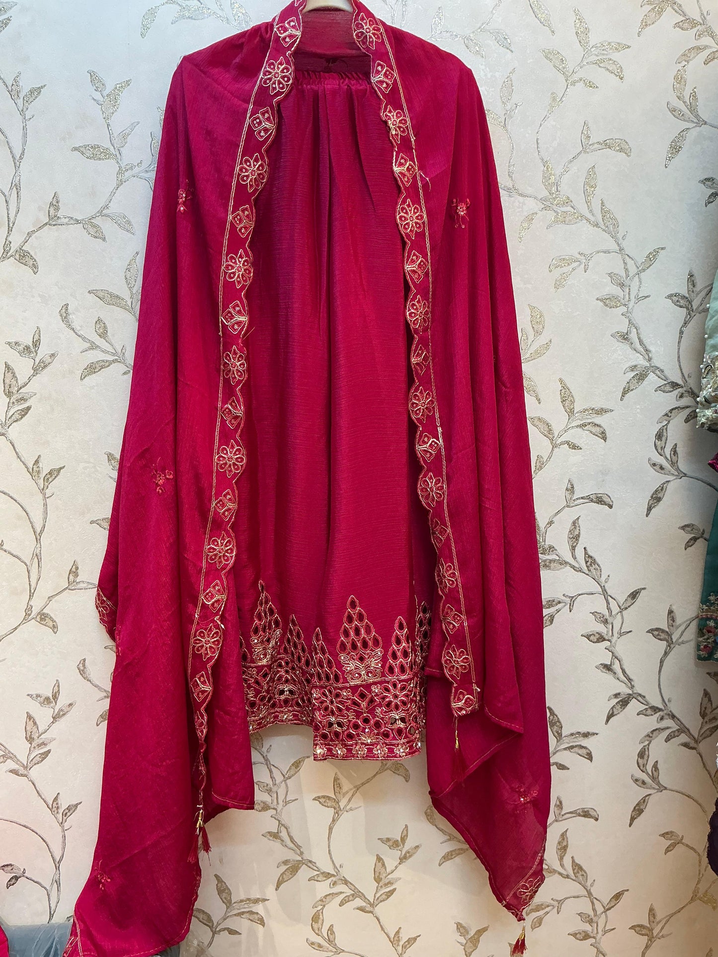 Cutwork Heavy Pearl Sleeve Suit with Garara & Dupatta