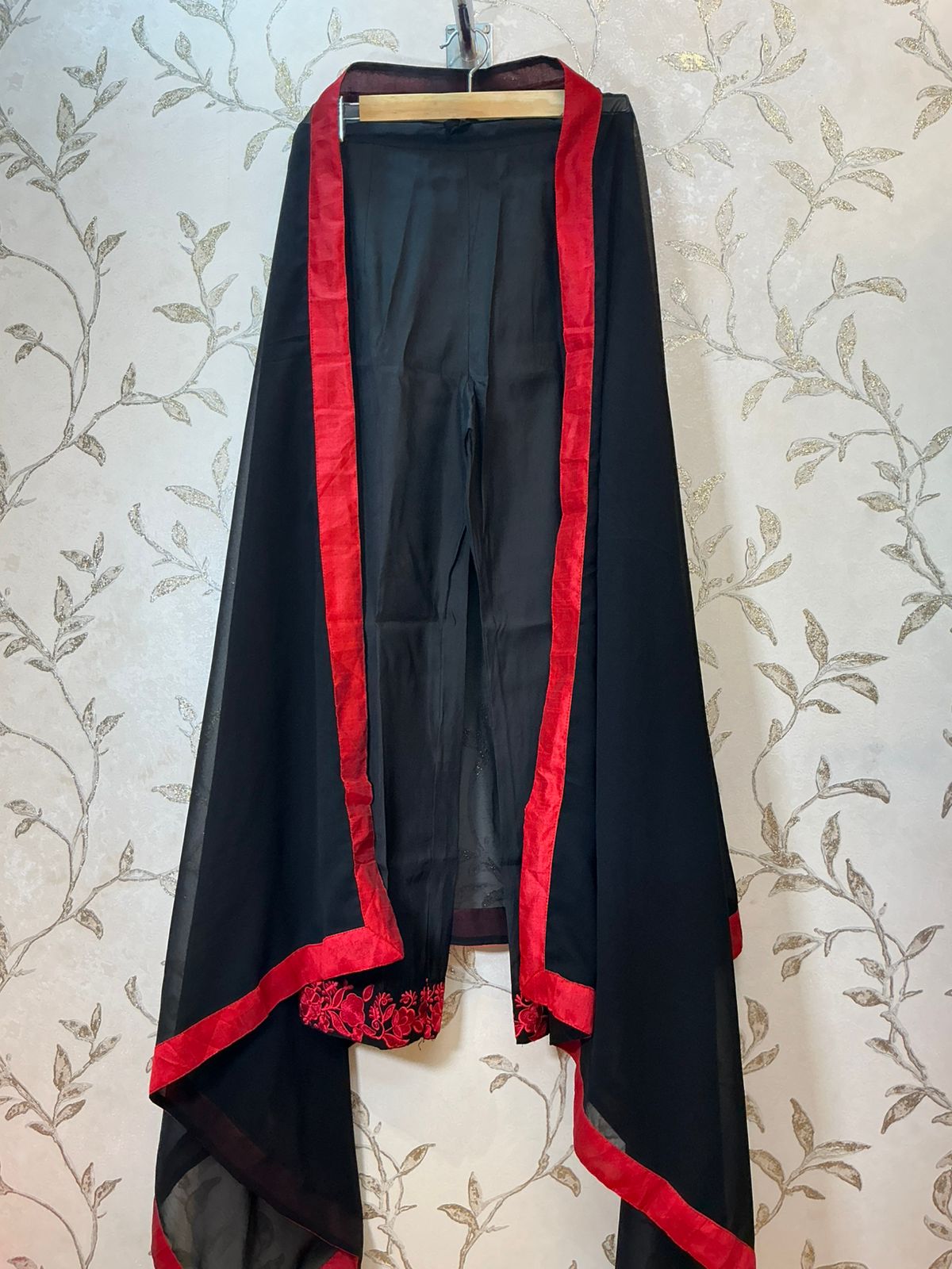 Black Red Embroidered Straight Suit with Organza Dupatta