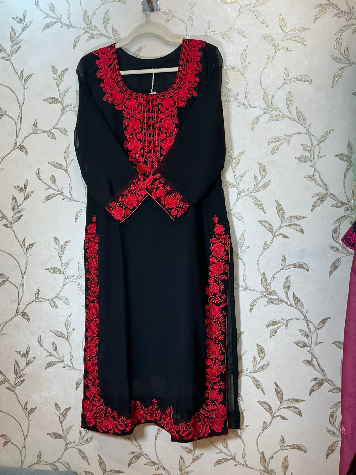 Black Red Embroidered Straight Suit with Organza Dupatta