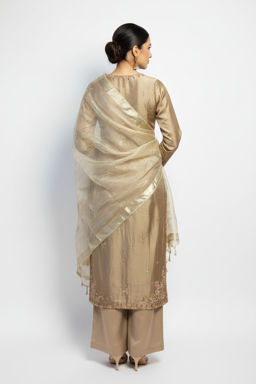 Beige Silk Blend Embroidered Kurta Palazzo Set with Organza Dupatta | Festive Ethnic Wear for Women