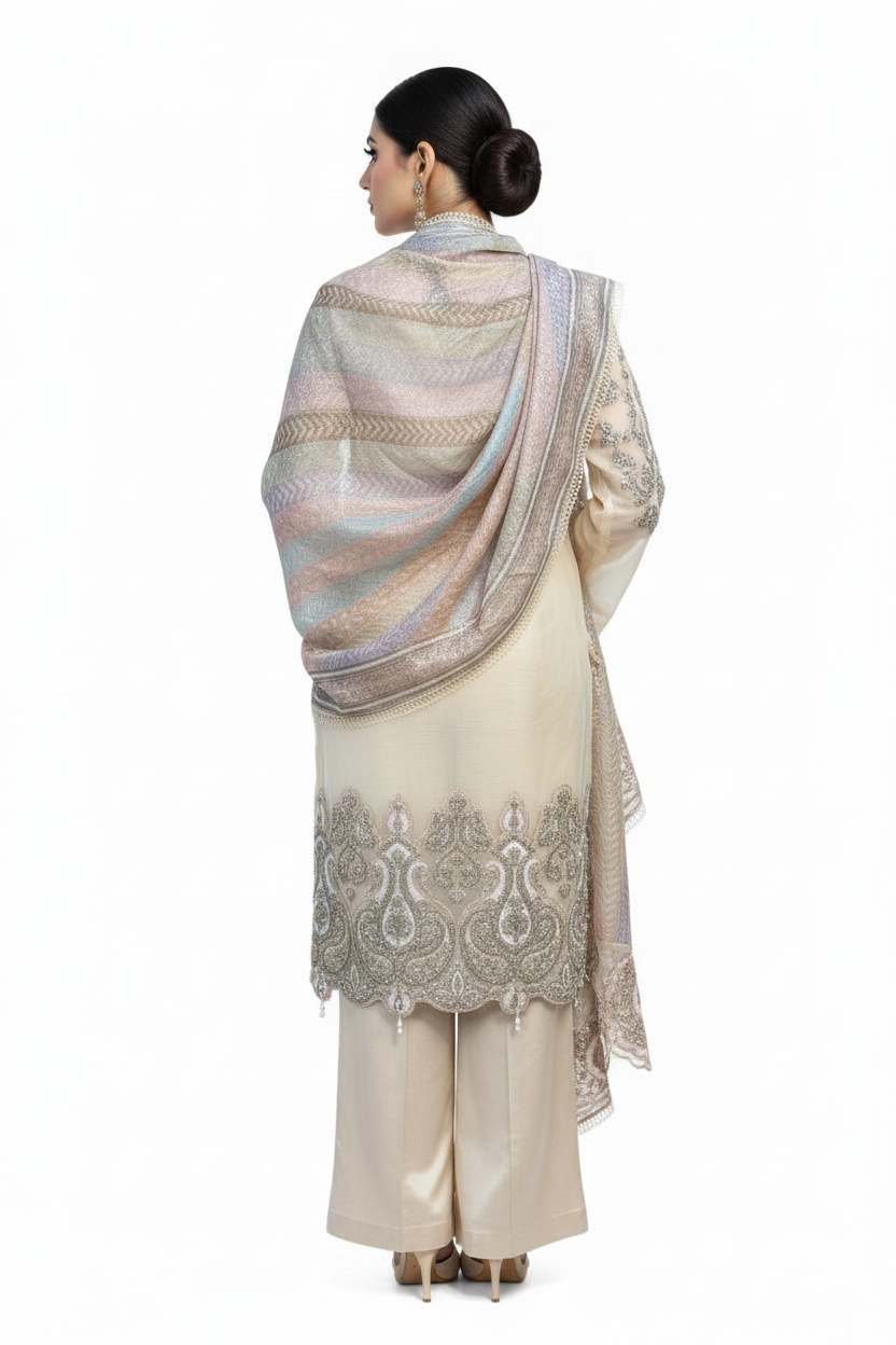 Elegant Ivory Embroidered Suit Set with Pastel Organza Dupatta