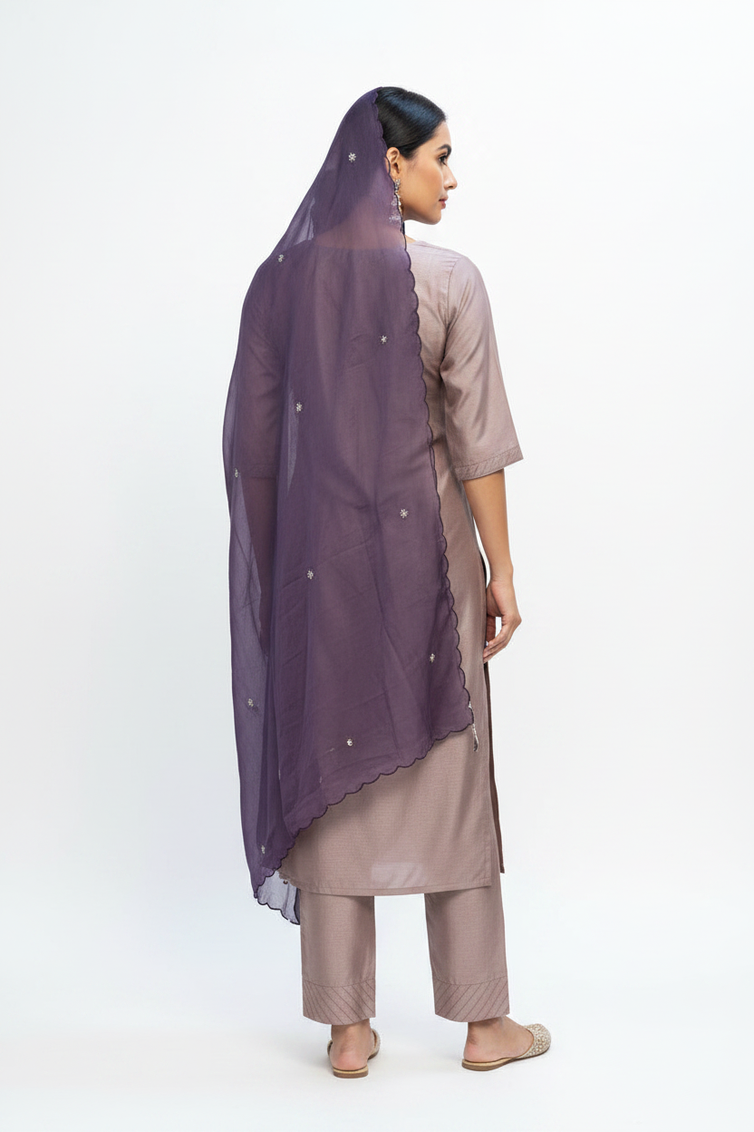 Elegant Mauve & Purple Embroidered Suit Set with Chiffon Dupatta
