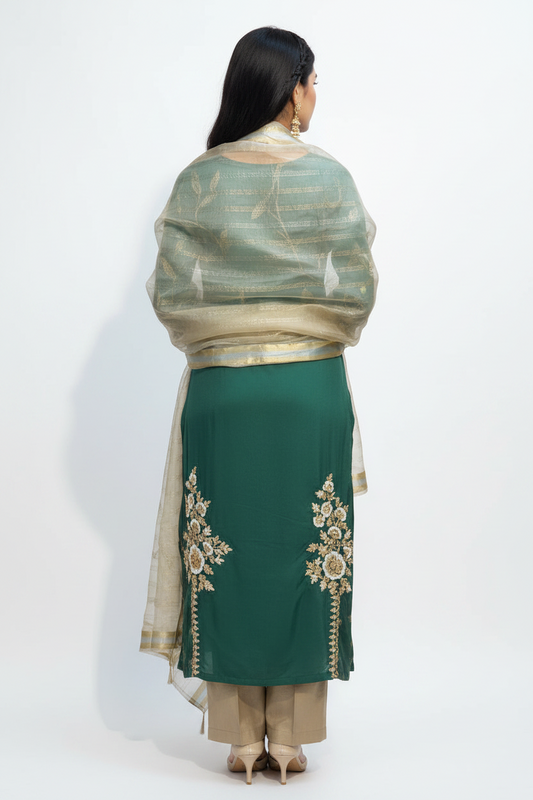 Elegant Teal Green Embroidered Suit Set with Organza Dupatta