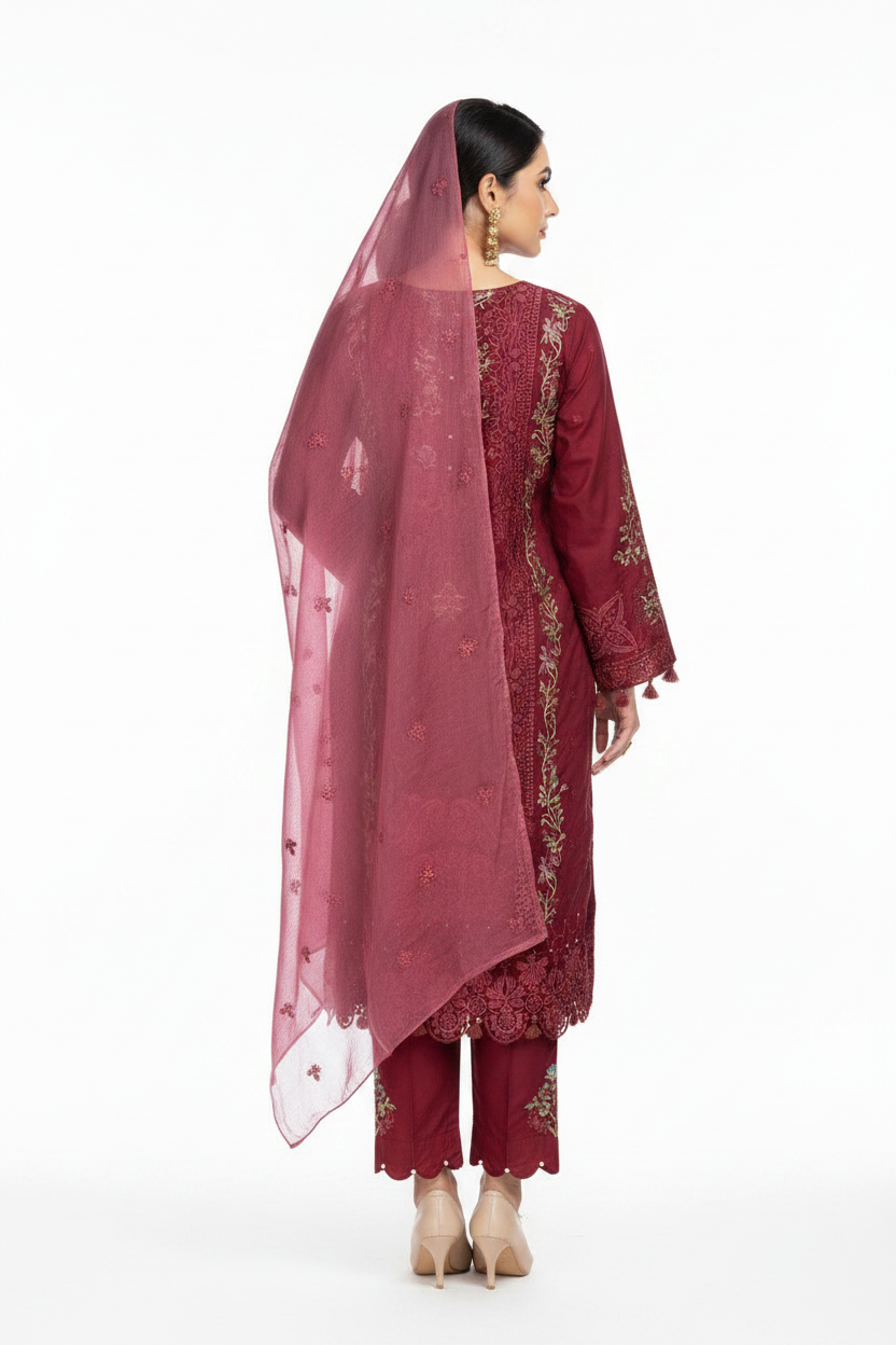 Elegant Wine Red Embroidered Suit Set with Chiffon Dupatta