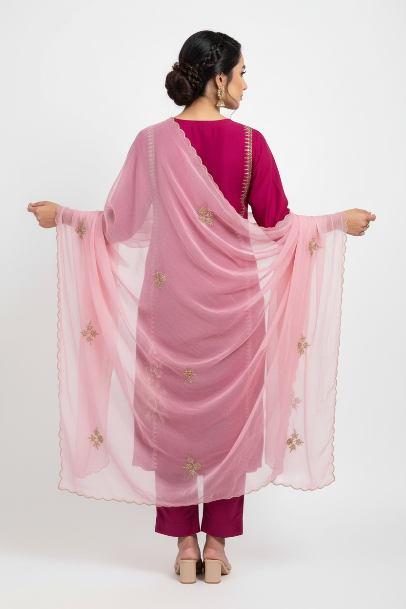 Magenta Pink Straight Kurta Pant Set with Dupatta