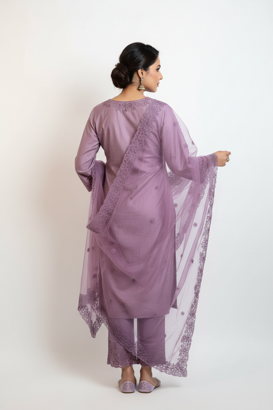 Lilac Grey Embroidered Suit Set with Dupatta