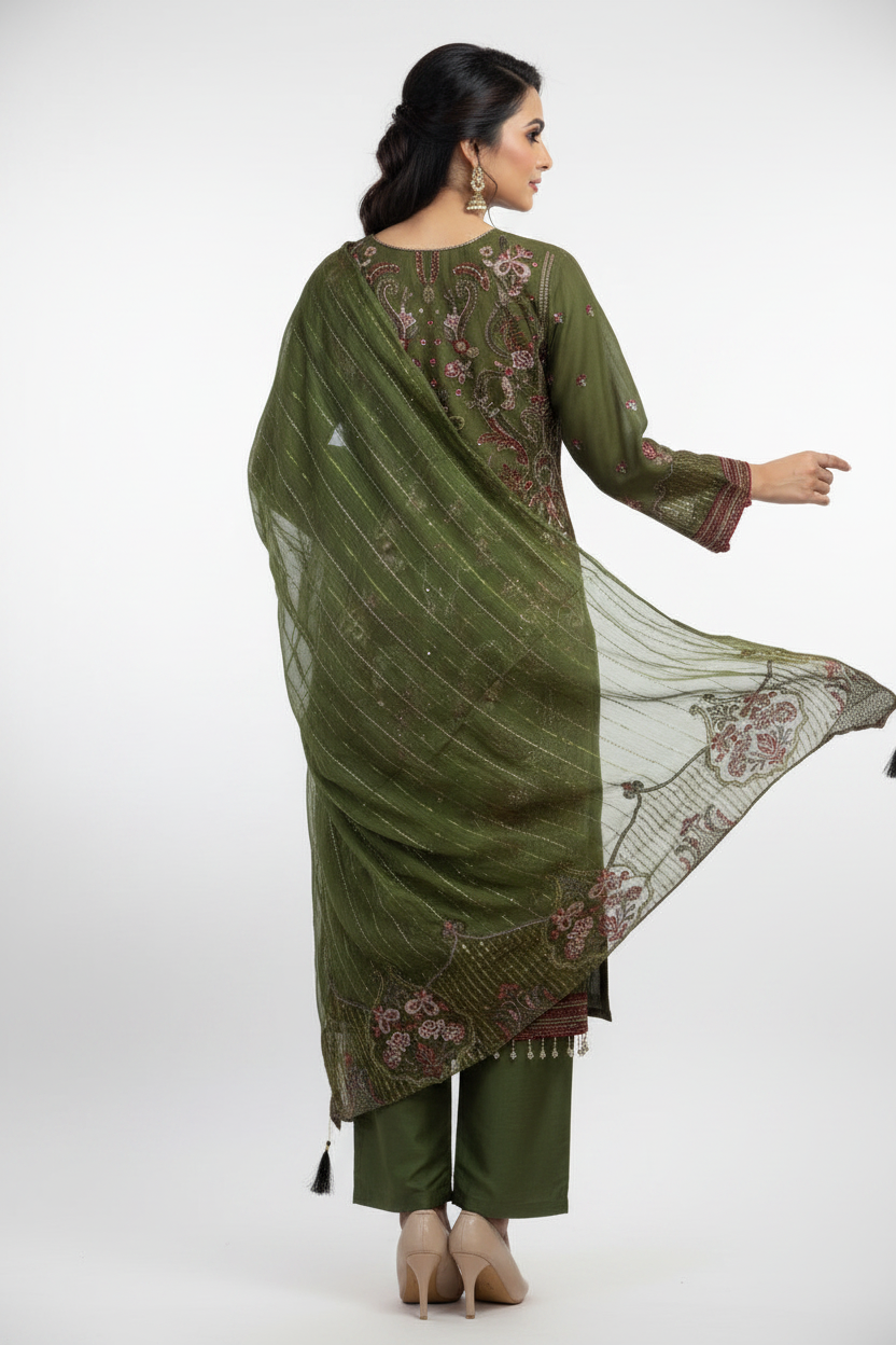 Olive Green Embroidered Suit