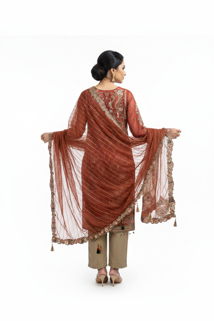 Rust Brown Embroidered 3-Piece Suit