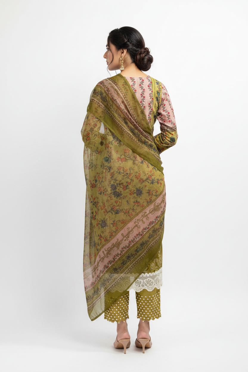 Olive Green Embroidered 3-Piece Suit