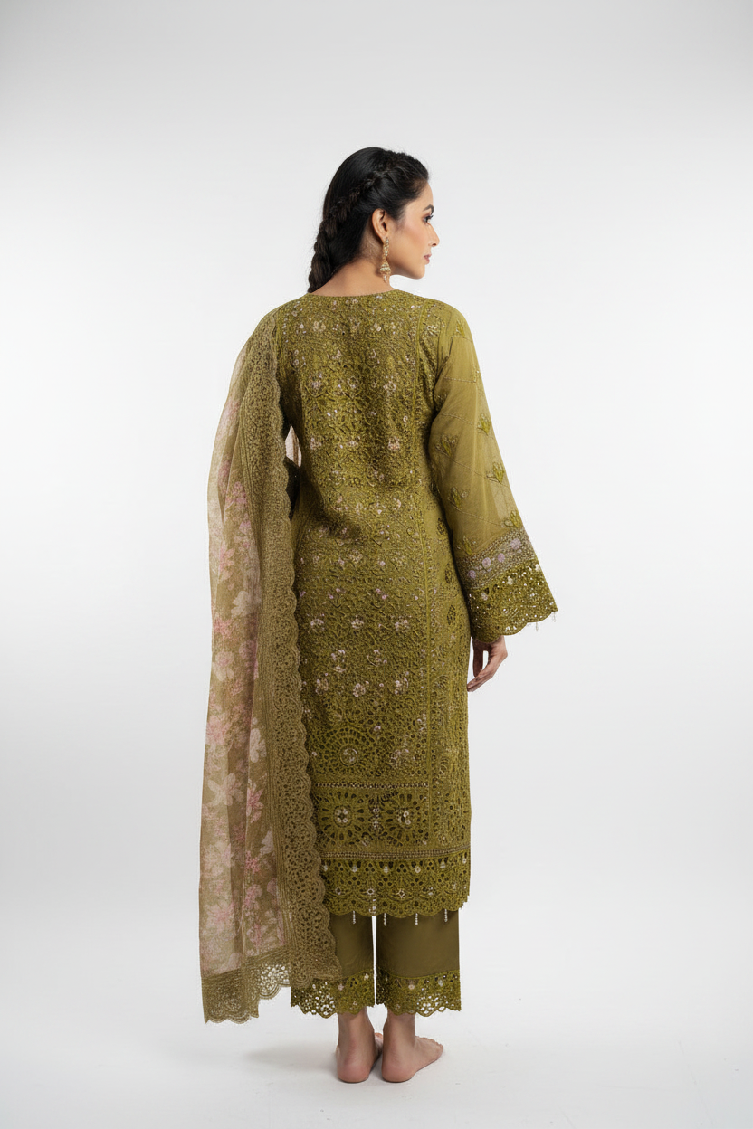 Olive Gold Embroidered Cotton Suit