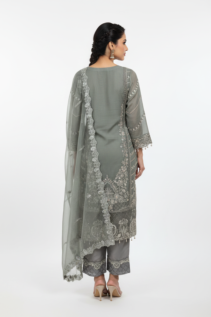 Sage Grey Straight Kurta with Palazzo Set