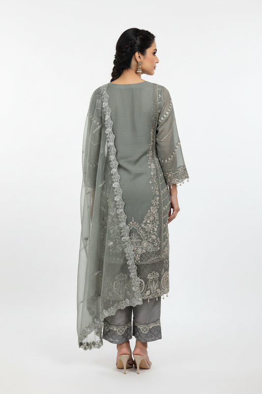 Sage Grey Straight Kurta with Palazzo Set