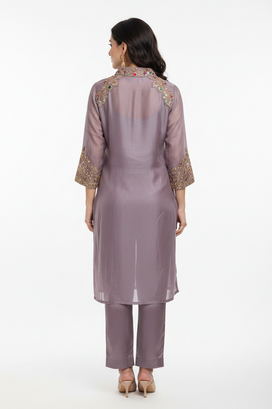 Mauve Embroidered Frock Suit with Cigarette Pants