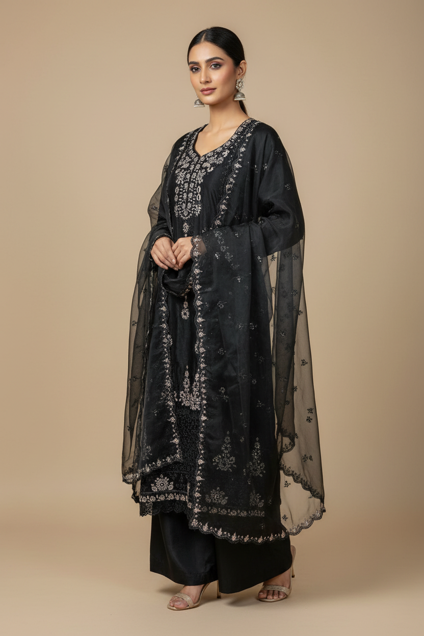 Black Silver Embroidery Suit - Angle