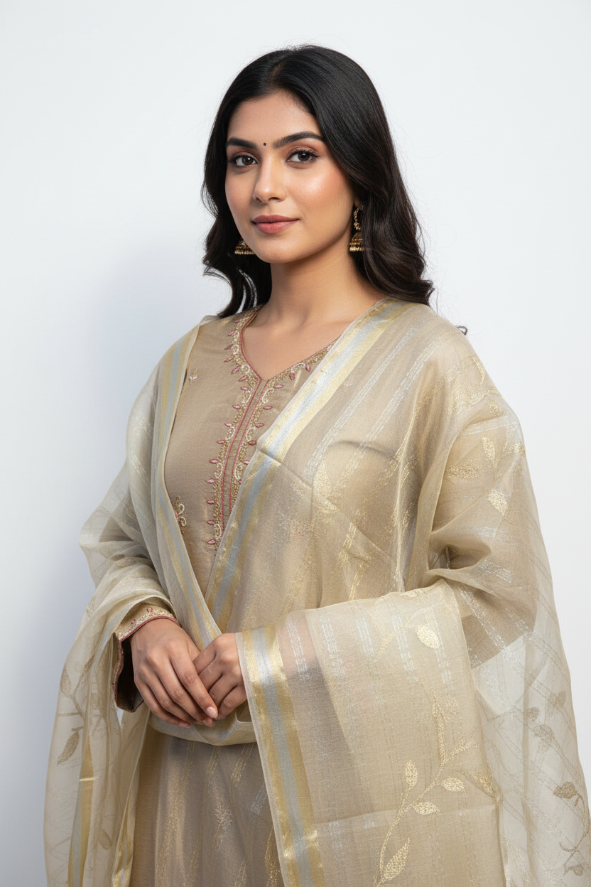 Beige Silk Blend Embroidered Kurta Palazzo Set with Organza Dupatta | Festive Ethnic Wear for Women