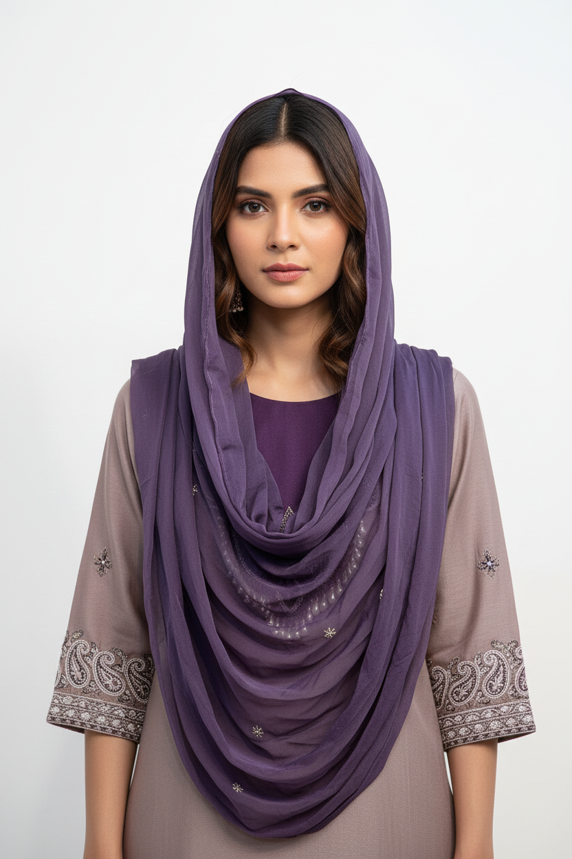 Elegant Mauve & Purple Embroidered Suit Set with Chiffon Dupatta